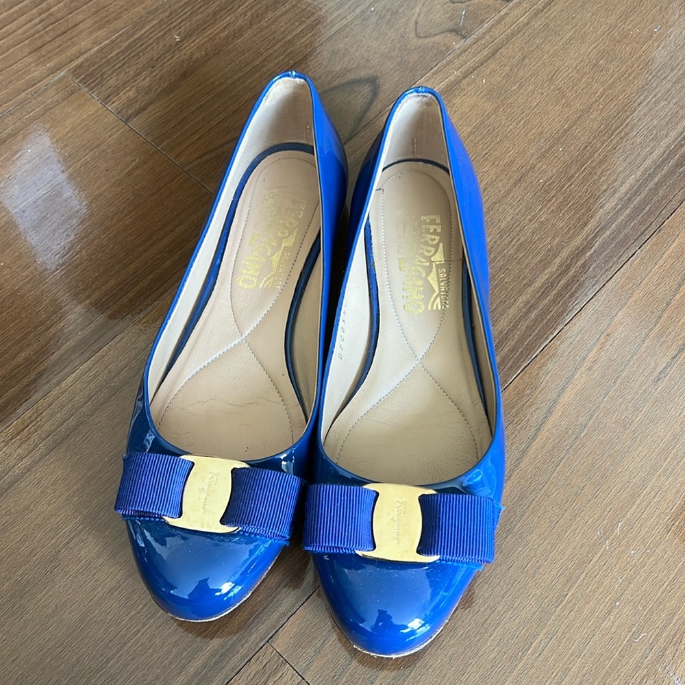 Ferragamo Blue Patent Leather Ballet Flats
